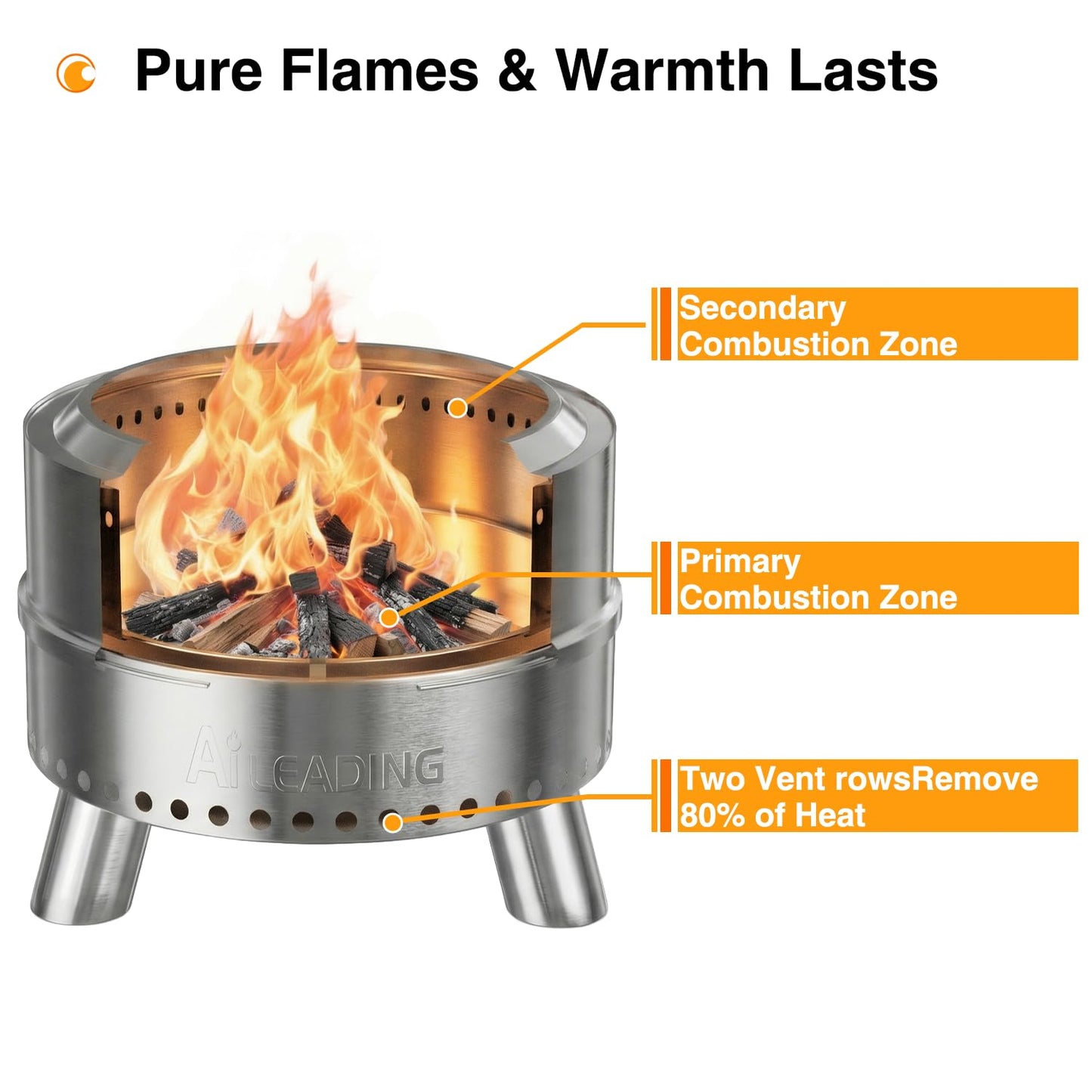 20 Inch Smokeless Fire Pit with Removable Ash Pan, Fire Pits for Outside Wood Burning, Portable Bonfire Outdoor Firepit, Bag & Poker Included, Stainless Steel (Silvery- with Legs-Fire Pit)
