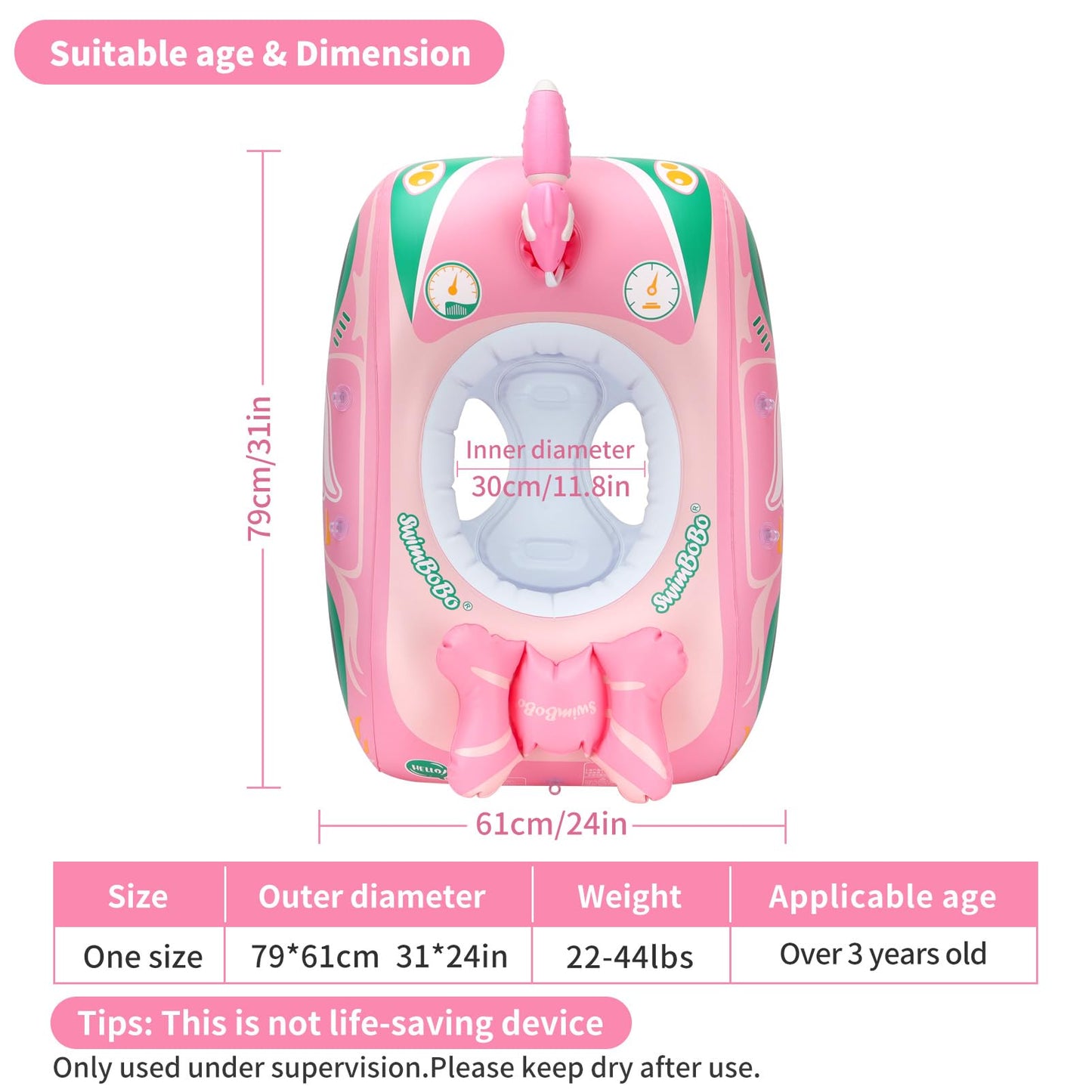 Swimbobo Toddler Pool Float Inflatable Car Baby Swim Float with Adjustable Sun Canopy and Safety Seat Pool Toys for Kids 3+ Years Old(Pink Green Car)