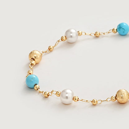 MEVECCO Gold Bracelet for Women 18K Gold Plated Pearl Turquiose Stone Custom Handmade Mixed Beaded Charm Chain Bracelet Stack Jewelry Gifts