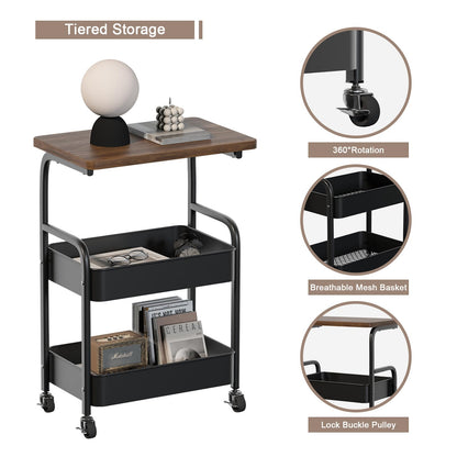 ULIKEUS Rolling Cart with Wooden Tabletop 3-Tier Metal Utility Rolling Cart Storage Organizer with Lockable Wheels for Kitchen, Office, Bedroom
