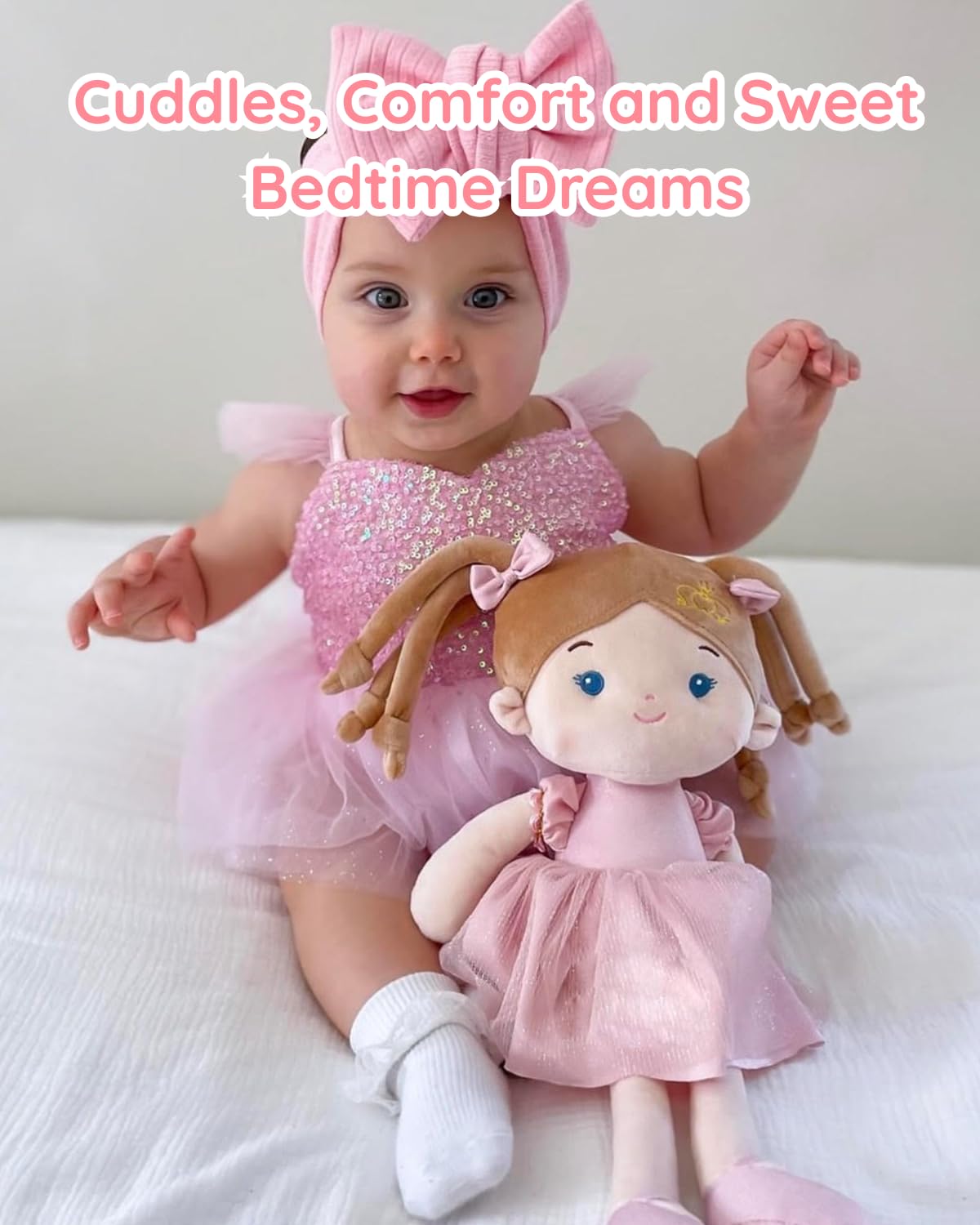 LeyaDoll Soft Baby Doll Toys (16''), My First Baby Rag Doll for 1 Year-Old Girl Birthday Gift, Christmas Plush Toys Gift for Toddler Kids Infants-Princess-Coral