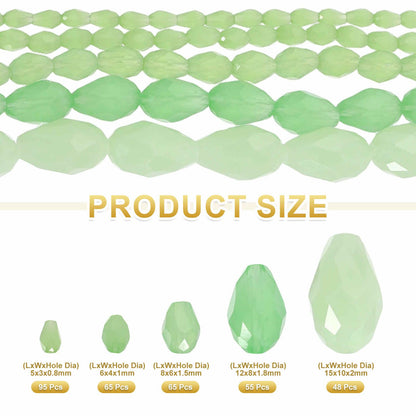 MECCANIXITY 328 PCS Teardrop Crystal Glass Beads, 3x5mm 4x6mm 6x8mm 8x12mm 10x15mm Vertical Hole Faceted Glass Teardrop Spacer Beads for Necklace Bracelet DIY Jewelry Making, Emerald Green