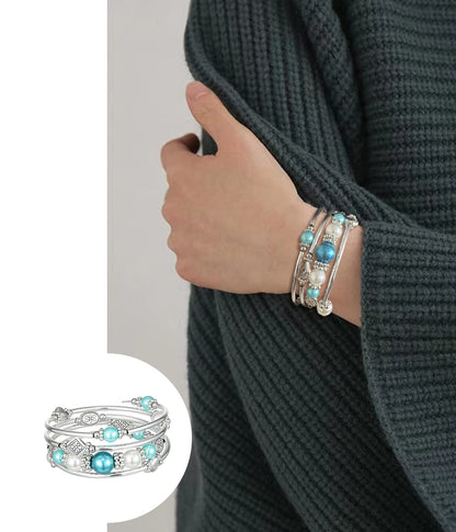 FULU AUTUMN Beaded Pearl Bangle Bracelets for Women Silver Wrap Bangles Bracelet Womens Costume Jewelry Fashion Gift(18-Sea green)