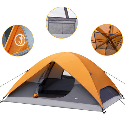 Amazon Basics 4-Person Camping Tent with Quick Setup, Spacious Interior, Ventilation Design, 3-Season Dome Design with Rainfly, Orange/Grey