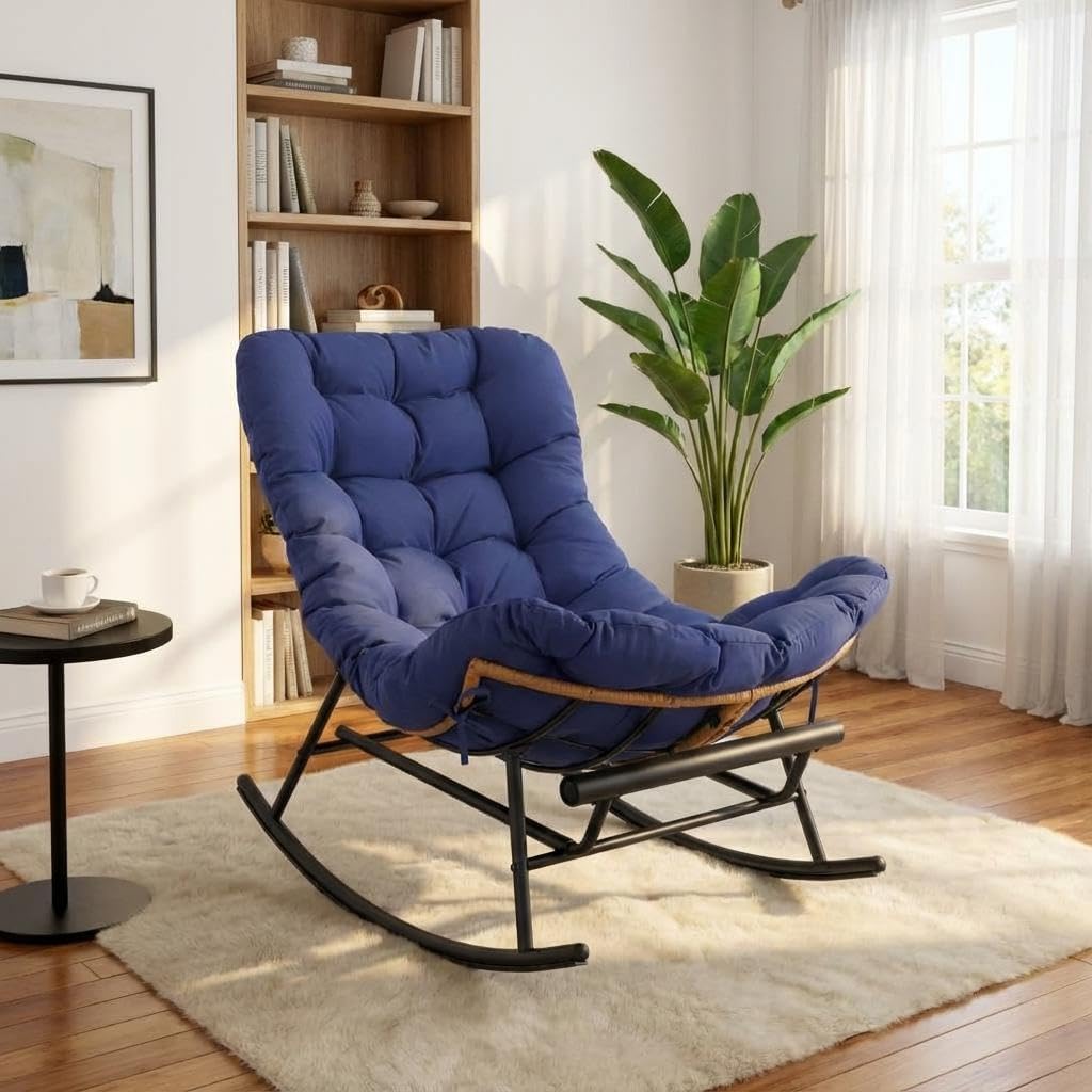 GAOMON Papasan Rocking Chair with Foot Rest, Papasan Chair with Thick Removable Cushion and Metal Frame, Lounge Chairs and PE Rattan Rocker for Patio, Garden, Lawn, Living Room and Relaxation Space