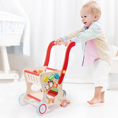 Dormlony Wooden Baby Push and Pull Walker with Wheels for Boy&Girls,Multiple Activities Kid’s Toy,Shopping Cart Sit to Stand Walker for Toddlers