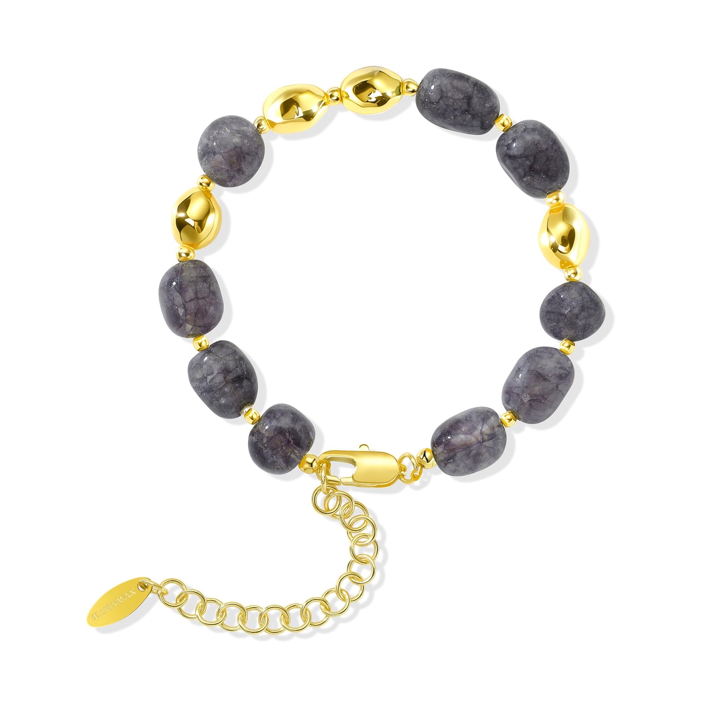 NVWAROCK Beaded Bracelet for Women, Gemstone Bracelet, 14K Gold Plated Stackable Handmade Oval Stone Bracelet Jewelry Gift - Grey