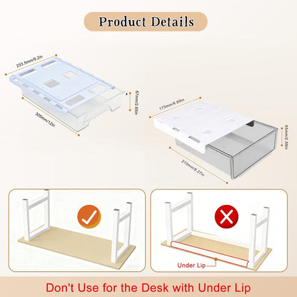 2 Pair Super Capacity 11.85 "x 8.9" Under Desk Drawer Hidden Strorage Drawer Self-Adhesive Slide Out with Smooth Gliding Motion - Attachable & Space-Saving Under Desk Organizer with Screw Kit, Clear