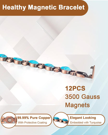 EnerCoppeX Copper Magnetic Bracelet for Women - Turquoize Detox Jewelry with 3500 Gauss Magnet (E)
