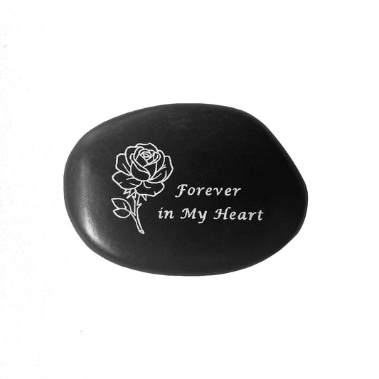 Rigoorium Memorial Stone - in Loving Memory Natural Black Pebble for Grave Sites, Memorial Décor Sympathy Gifts for Loss of Loved One (Rose)