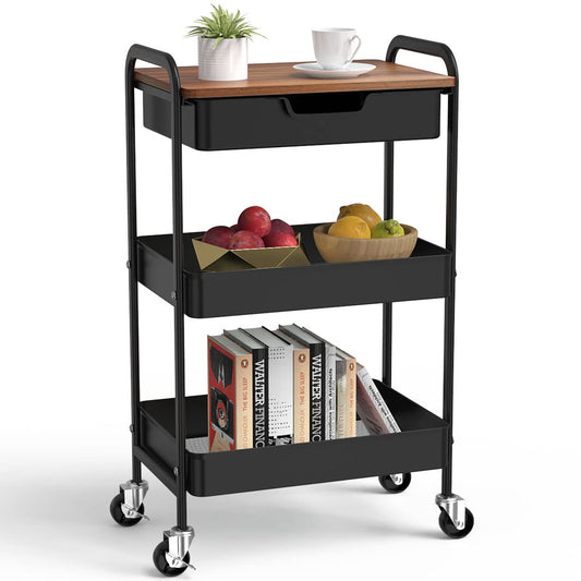 Aratan 3 Tier Rolling Cart with Drawer, Metal Utility Cart on Wheels Storage Cart with Wood Top, Kitchen Cart Art Cart Organizer for Bathroom Office Balcony Living Room