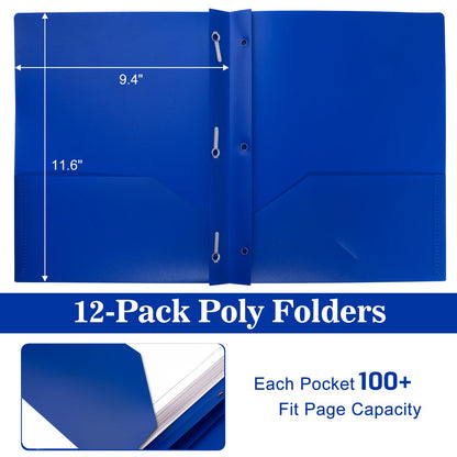 EEHZTSI 12-Pack Plastic Folders with Pockets and Prongs, 2-Pocket Poly Folders with 3 Fasteners Holds 8-1/2" x 11" Paper for School/Office/Home, Blue