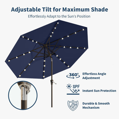 Patio Kingdom 9FT Solar Umbrella 32 LED Lighted Patio Umbrella Table Market Umbrella w/Tilt and Crank, UV-Resistant Outdoor Umbrella for Pool, Garden, Deck, Navy Blue
