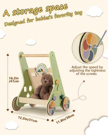 Wooden Baby Walker with Wheels, Push Walker for Baby Boy 12 Months, Baby Activity Center Sit to Stand Walker Small Size