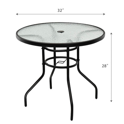 Tangkula 32" Round Outdoor Table with Tempered Glass Top, Patio Dining Table with Umbrella Hole & Metal Frame, Outside Bistro Table for Backyard, Lawn, Deck & Poolside