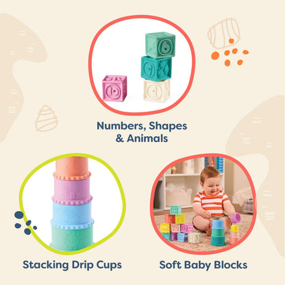 B. toys – Sensory Baby Toys – Soft Baby Blocks – Stacking Drip Cups – Numbers, Shapes & Animals – 6+ Months – Stackin' Squishies