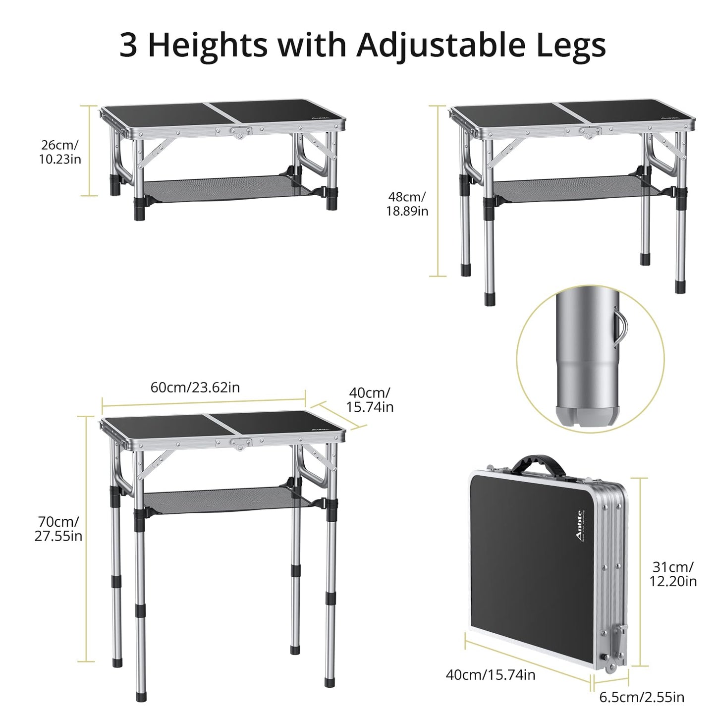 Anbte Folding Camping Table, Aluminum 24" x 16" Adjustable Height Small Folding Table with Carrying Handle, Lightweight, Portable Camping Table Waterproof for Outdoor Indoor Picnic Beach BBQ (Black)