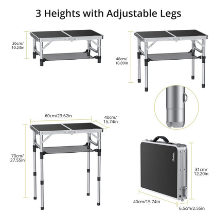 Anbte Folding Camping Table, Aluminum 24" x 16" Adjustable Height Small Folding Table with Carrying Handle, Lightweight, Portable Camping Table Waterproof for Outdoor Indoor Picnic Beach BBQ (Black)