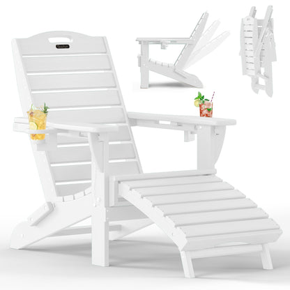 SUUNYN Folding Adirondack Chair with Retractable Ottoman, Weather Resistant Fire Pit Chair Patio Chair with 2 Cup Holder Lawn Outdoor Lounge Chair (White)