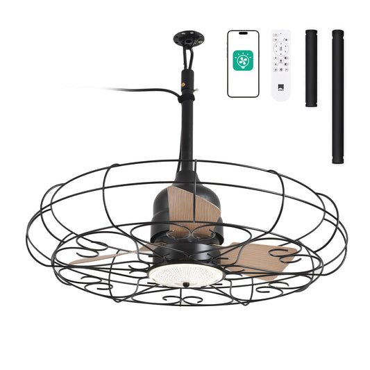 Orison Outdoor Ceiling Fans with Light, 28'' Wet Rated Outdoor Hanging Fan for Gazebo, Plug in Caged Lighting for Pergola Canopy, Hanging with Hook, 3 Color LED Light, Waterproof (28IN)