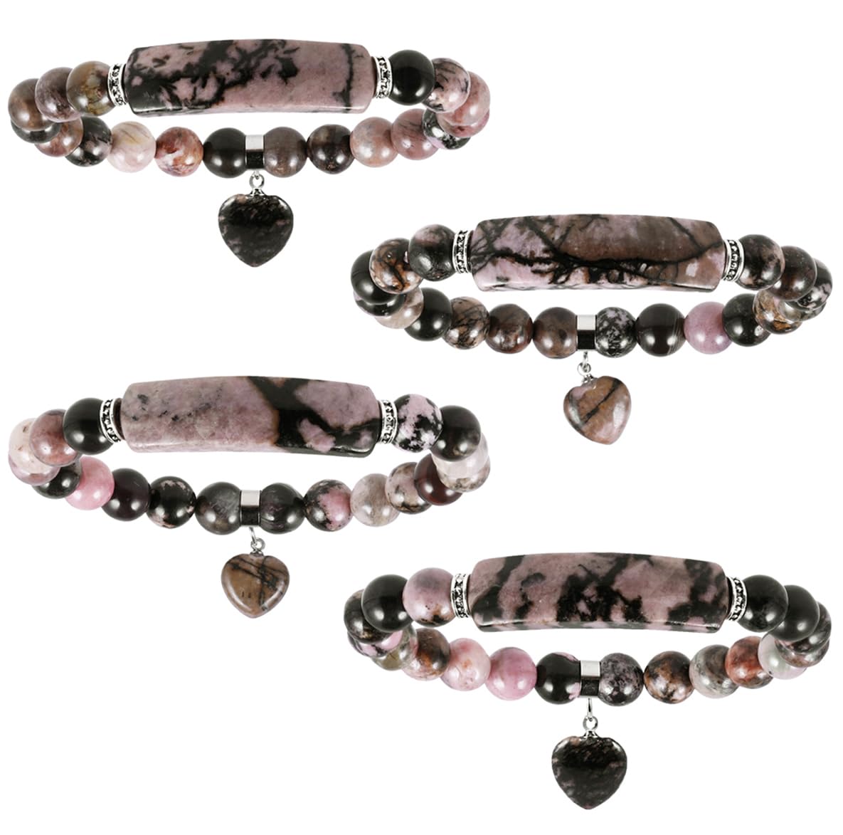 TUMBEELLUWA Healing Stone Bracelet 8mm Beads Chakra Crystal Energy Heart Charm Bracelet Handmade Jewelry for Women, Rhodonite
