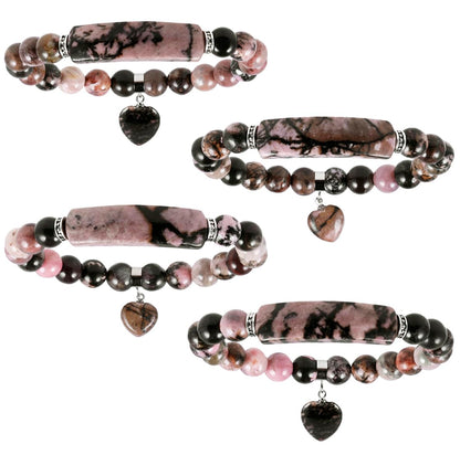 TUMBEELLUWA Healing Stone Bracelet 8mm Beads Chakra Crystal Energy Heart Charm Bracelet Handmade Jewelry for Women, Rhodonite
