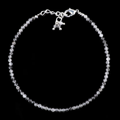 Gempires Handmade Black Rutilated Quartz Gemstone Beaded Bracelet for Women | 2.4–2.5 mm Faceted Natural Stone | Adjustable 7+1 Inch Silver Plated Chain | Dainty Minimalist Stacking Jewelry | Unique Crystal Gift