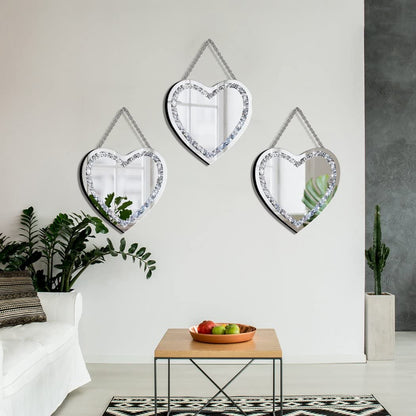 DMDFIRST Crystal Crush Diamond Heart Shaped Silver Mirror with Silver Stainless Steel Chain for Wall Decoration 12x12x0.5 inch Frameless Glam Mirror