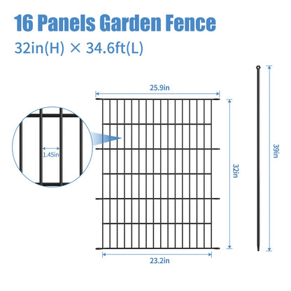 GDKASRNY 16 Panels Garden Fence,Rustproof Metal Fence Panels - 32in (H)×37.8ft (L) Garden Fencing Animal Barrier with Gate,Dog Fence Outdoor for Yard