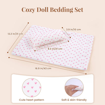 BABESIDE 3 Pcs Baby Doll Crib Set for Dolls up to 16 Inch, Wooden Baby Doll Accessories Babydoll Bed Dolls Cradle with Bedding Set for Kids Pretend Play Toys, Wood Doll Crib