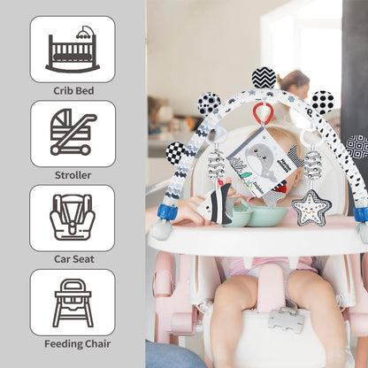 Baby Activity Travel Mobile Arch Bassinet Toy, Black and White High-Contrast Crib Toys, with Rattle and Book, Strolle,Pram and Crib Attachment with Hanging Toys (Ocean)