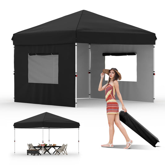 GarveeLife 10x10 Pop Up Canopy with 3 Sidewalls - Easy Up Camping Tent with One Button Push Setup - 1 Roller Bag, 3 Adjustable Height, 4 Weight Bags for Deck, Garden, Sports, Beach, Party - Black