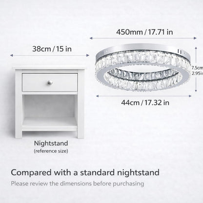 Finktonglan Crystal LED Flush Mount Ceiling Light, 17.7" Modern Round Crystal Ceiling Light, 48W 6000K Cool White, K9 Crystal & Stainless Steel, Low Profile, Non-Dimmable (No Remote)