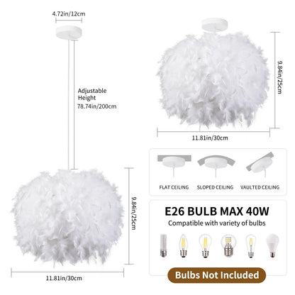 NZV White Feather Light Fixture Bedroom Romantic Feathers Pendant Lights Girls Room Modern Chandelier Mid Century Hanging Ceiling Lighting for Dining Room Kitchen Island Foyer (Diameter 11.8in)
