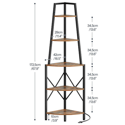 HOOBRO 5-Tier Corner Shelf with Lights, 67.9” Tall Corner Shelf Stand, Industrial Corner Bookshelf, Corner Plant Stand Display Shelf, for Living Room, Kitchen, Home Office, Rustic Brown BF120DCJ01