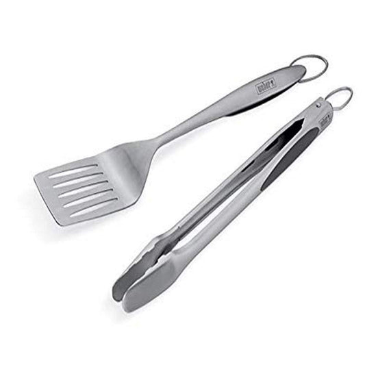 Weber Deluxe Tool Set – Stainless Steel Grill Spatula & Hands‑Free Locking Tongs with Soft‑Touch Ergonomic Grip