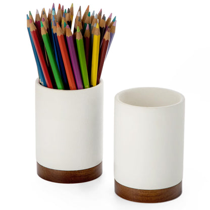 Pen Holder for Desk, Ceramic Pencil Organizer & Makeup Brush Holder, Office Decor and Desk Accessories，Perfect Office Organization,Teacher Supplies(White, Set / 2)