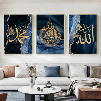 Set of 3 Islamic Calligraphy Quran Posters Modern Gold Blue Marble Canvas Painting Wall Art Print Picture Living Room Interior Home Decor No frame