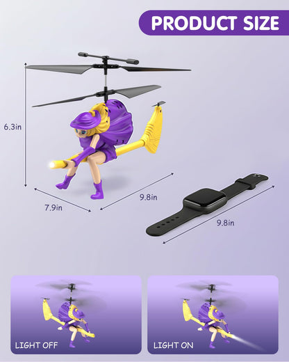 NEVZAN RC Helicopter Toy for Girls, Flying Witch Remote Control Helicopter with LED Lights, Indoor Outdoor Flying Toy for Kids, Cute Cartoon Gifts for Girls Age 6+