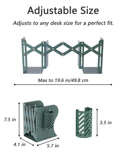 Kingsmile Book Ends, Adjustable Bookends for Shelves, Metal Bookends for Heavy Books, Book Stopper Organzier with Pen Holder for Desk, Kids Room, Office, Classroom, Library, Study Room.(Green)