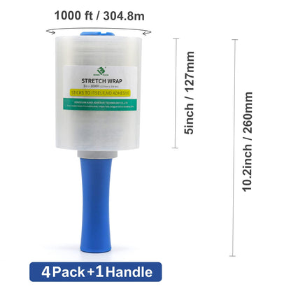 BOMEI PACK Mini Clear Industrial Stretch Wrap Film 5" x 1000ft 4 Pack with Handle, 80 Gauge Thick Cling Plastic Wrap for Moving, Pallet Wrap - Self Adhering Packaging Heavy Duty Shrink Film