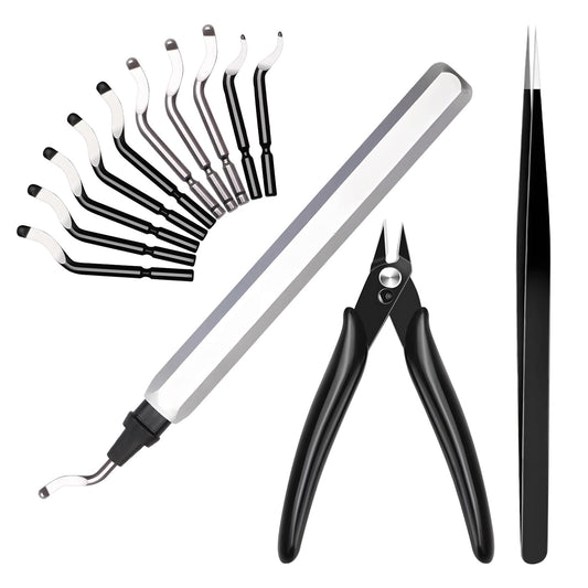 13pcs Deburring Tool with 10 High Speed Steel Blades, Deburring Tool 3D Printing with Micro Cutter Tweezers Deburrin Tool Set for Resin Plastic Metal