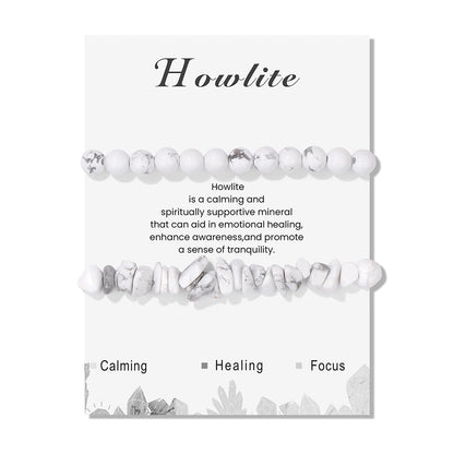 Lit Wall 2Pcs Unisex Adult Howlite Bracelet Set - 6mm Handmade Adjustable White Beaded Gemstone Bracelets - Stretch Bracelets - Strand Form - Howlite Stones - No Metal Type