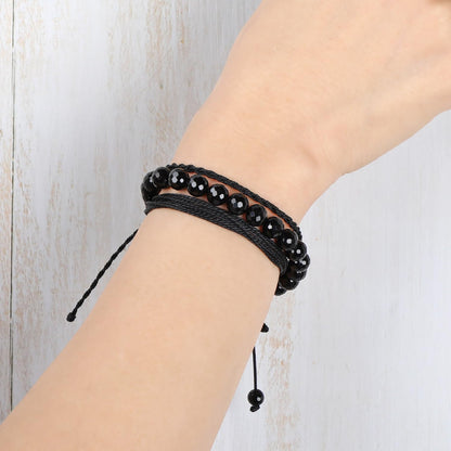 QOGIR Handmade Healing Bracelets,8mm Natural Faceted Black Onyx Gem Stone Beads Bracelet for Men Women Gifts with 2PCS Size Adjustable Rope Bracelets