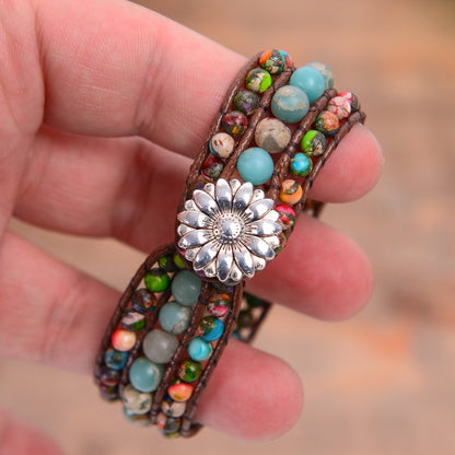 YGLINE Boho Handmade Natural Stone Bead 3 Row Wide Wrap Wrist Statment Bracelet Jewelry Collection (regalite ＆agalmatolite)