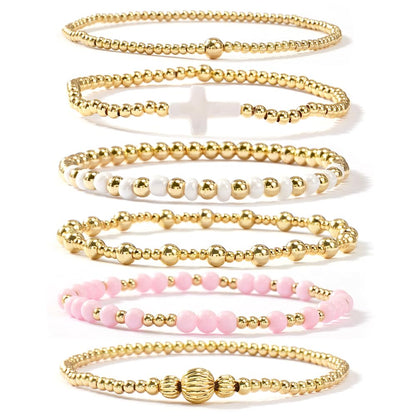 SHINUS BOHO Cross Gold Beaded Bracelet Stack for Women,Bohemian Stretch White Pink Beads Stackable Bracelets Set Fashion Prom Party Accessories Jewelry Gift Friendship