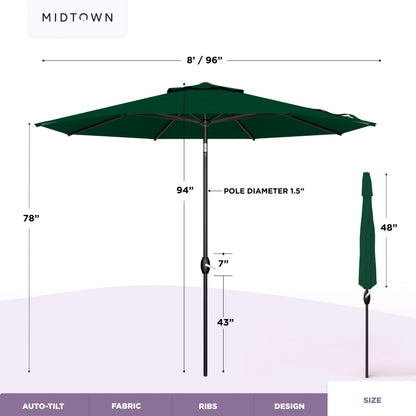 Midtown Umbrellas – The Lean 8 Ft Patio Umbrella with 10-Year-No-Fade Acrylast Acrylic Fabric, Auto-Tilt and 8 Reinforced Ribs for Deck, Pool, Garden, Hotel & Cafes – Forest Reserve Canopy, Black Pole