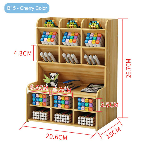 Hggzeg Wooden Desk Organizer, Large Capacity DIY Pen Holder Storage Box Desktop Stationary Storage Rack, Pen Organizer Caddies for Office, Home and School Supplies (B15-Cherry Color)