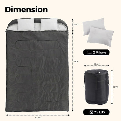 OLIXIS Double Sleeping Bag for Adults with Pillow, Lightweight Portable Large Sleeping Bag for 2 Person, Cold Weather & Warm Sleep Bag for 3 Seasons Backpacking, Camping, Hiking, Outdoor Adventure