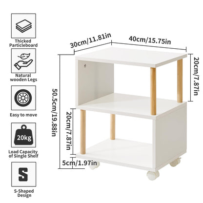 Aibiju Wooden Night Stand with Open Shelf, Nightstand with Wheels, S-Shaped Bed Side Table 3 Tier, 20 inch High End Table White YD-TM155W